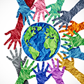 Illustration of multicolored hands around a globe